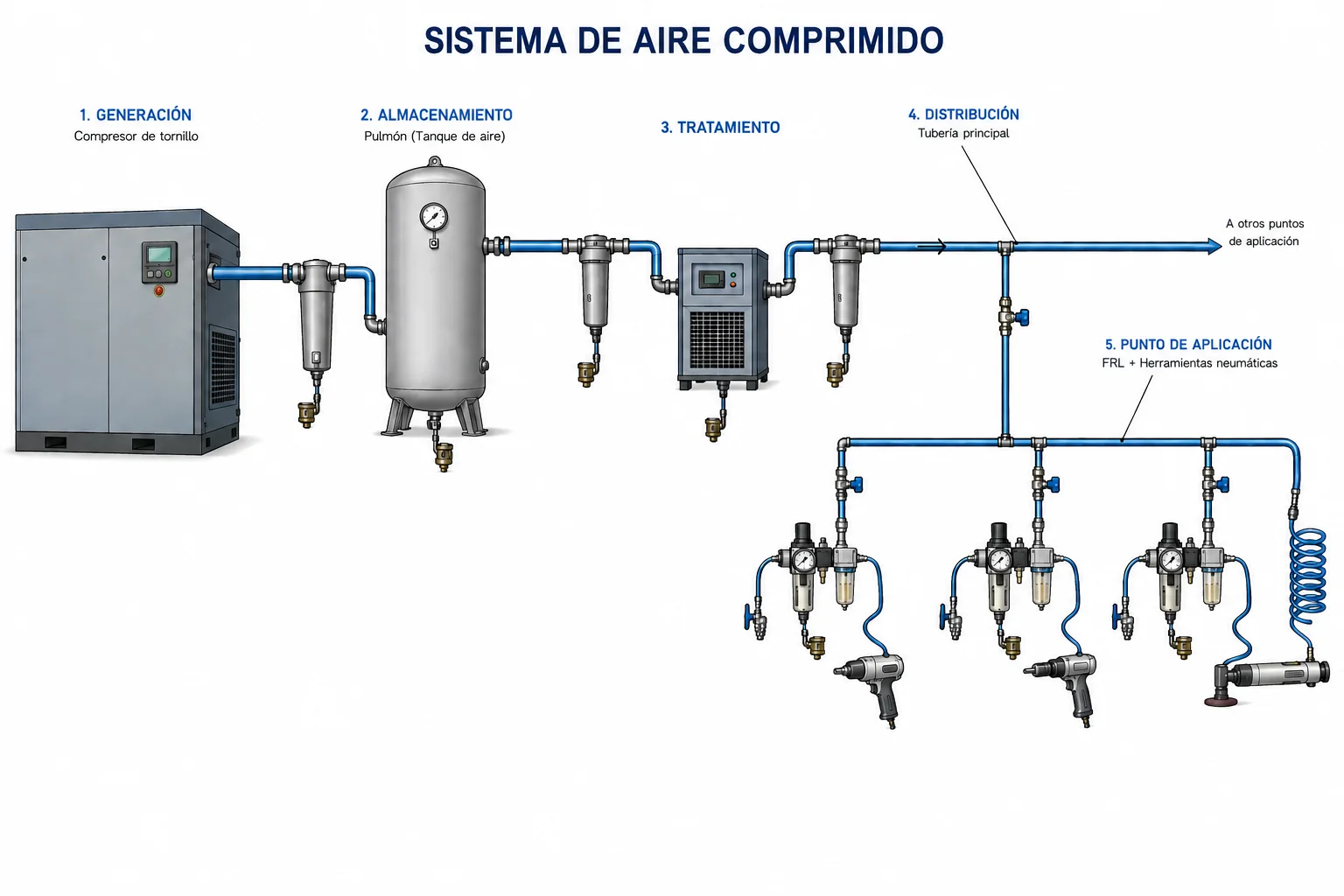 Diagrama de sistema de aire comprimido: generación, almacenamiento, tratamiento, distribución y punto de aplicación